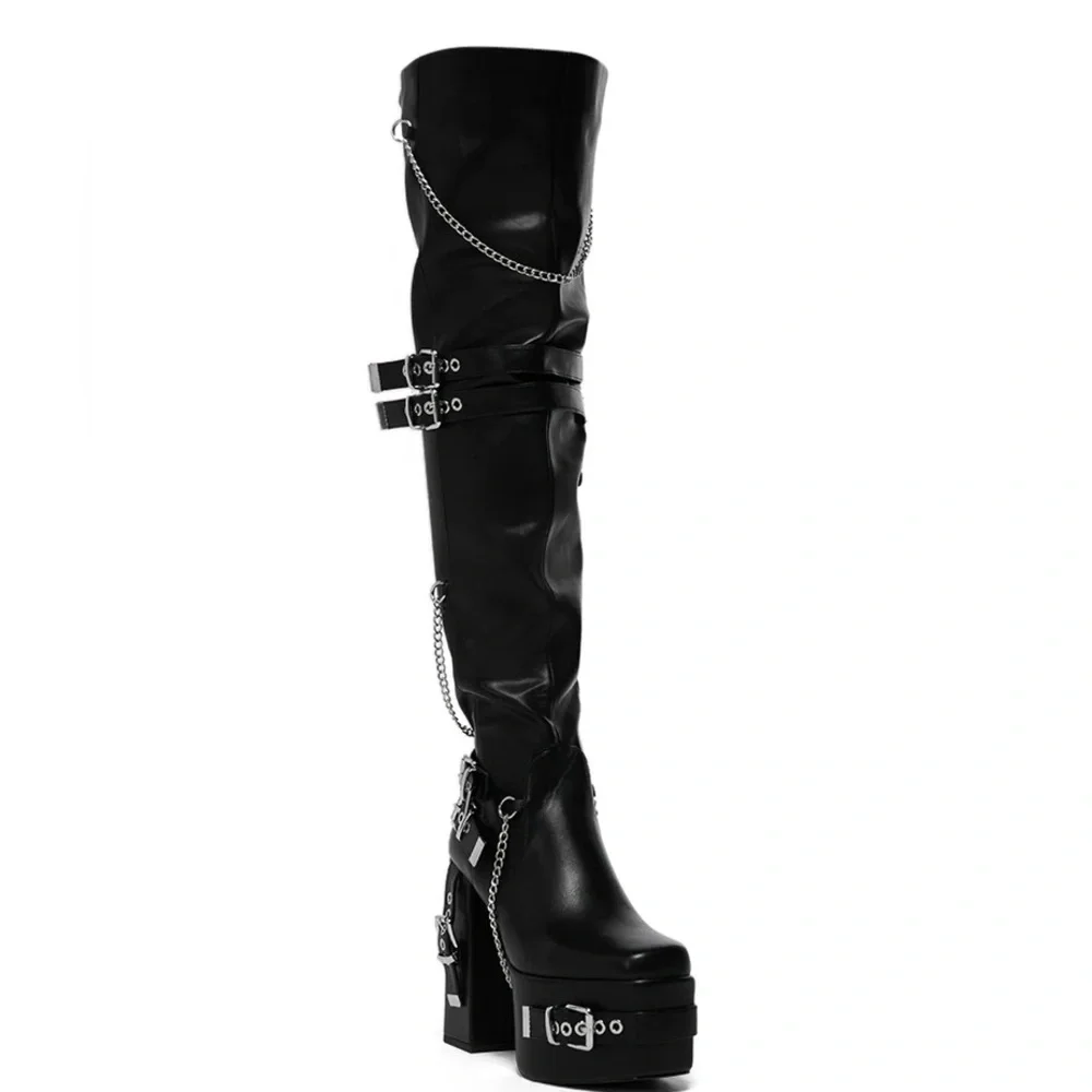 AZALEA WANG Black Leather Studded & Chain Over the Knee Block Heel Boots